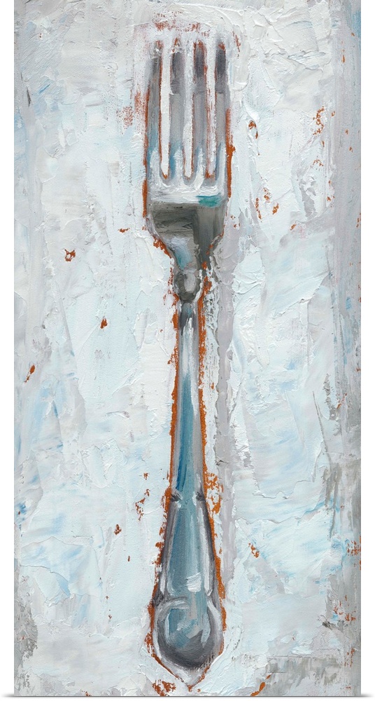 Rustic painting of a fork made in cool tones with warm hints of orange popping out from underneath the layered paint.