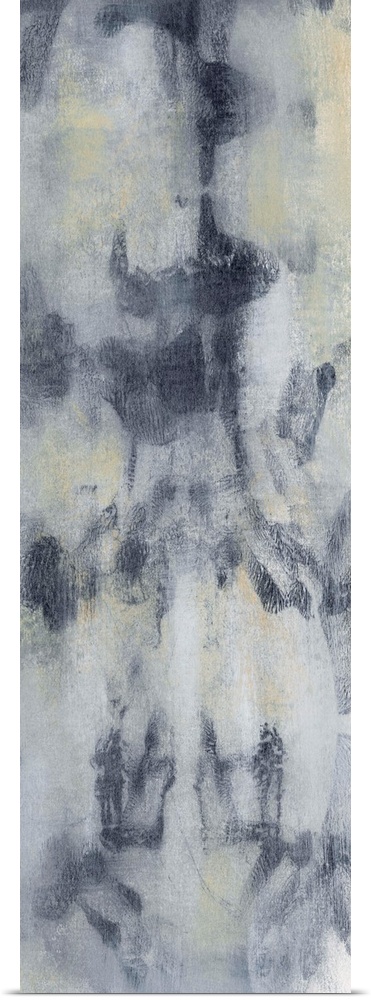 Contemporary abstract painting using smokey gray and blue tones.