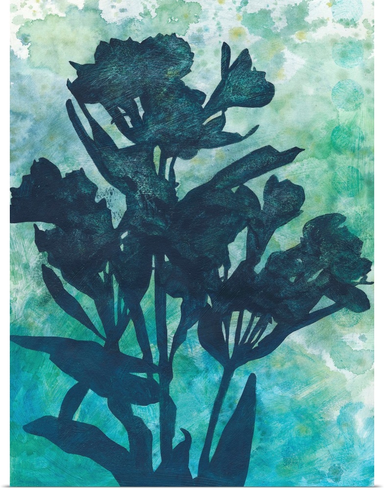 A contemporary painting of a silhouetted grouping of flowers against a light blue abstract background.