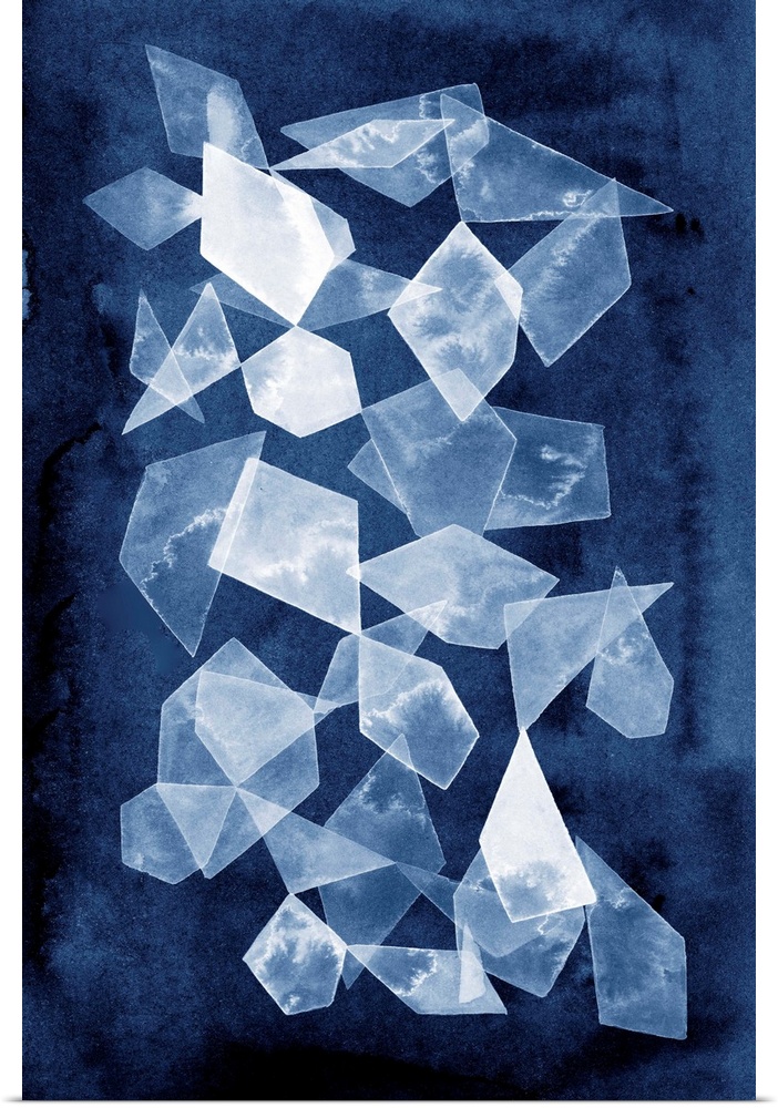 This contemporary artwork features white geometric shapes that resemble falling shards of glass over a dark blue background.
