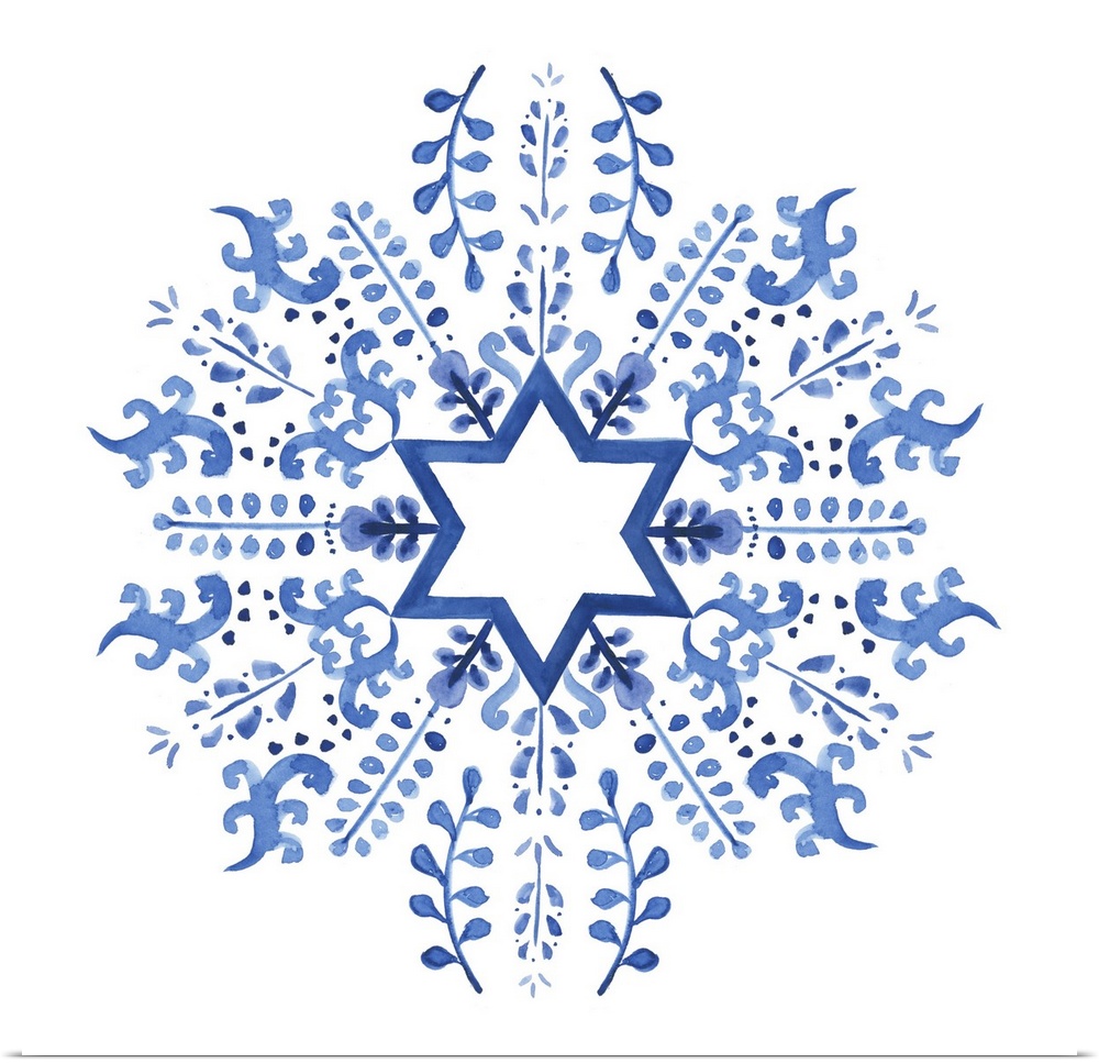Indigo floral design around a centered interpretation of the Star of David.