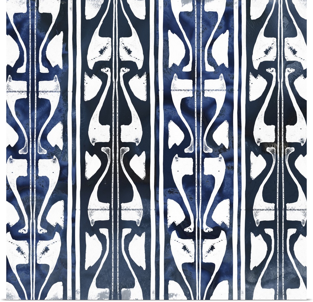 Shibori style artwork in white and indigo of classic pattern motifs.