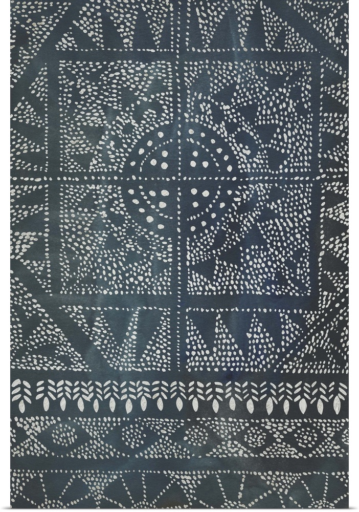 Intricate dots and short brush strokes complete an elaborate pattern over a indigo background in this decorative art.