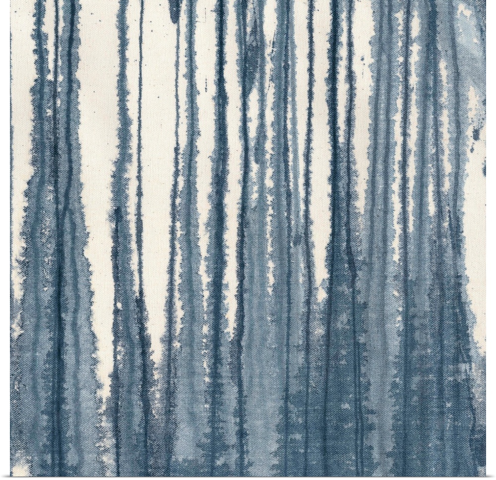 A contemporary painting of blending vertical lines of indigo blue on a cream background.