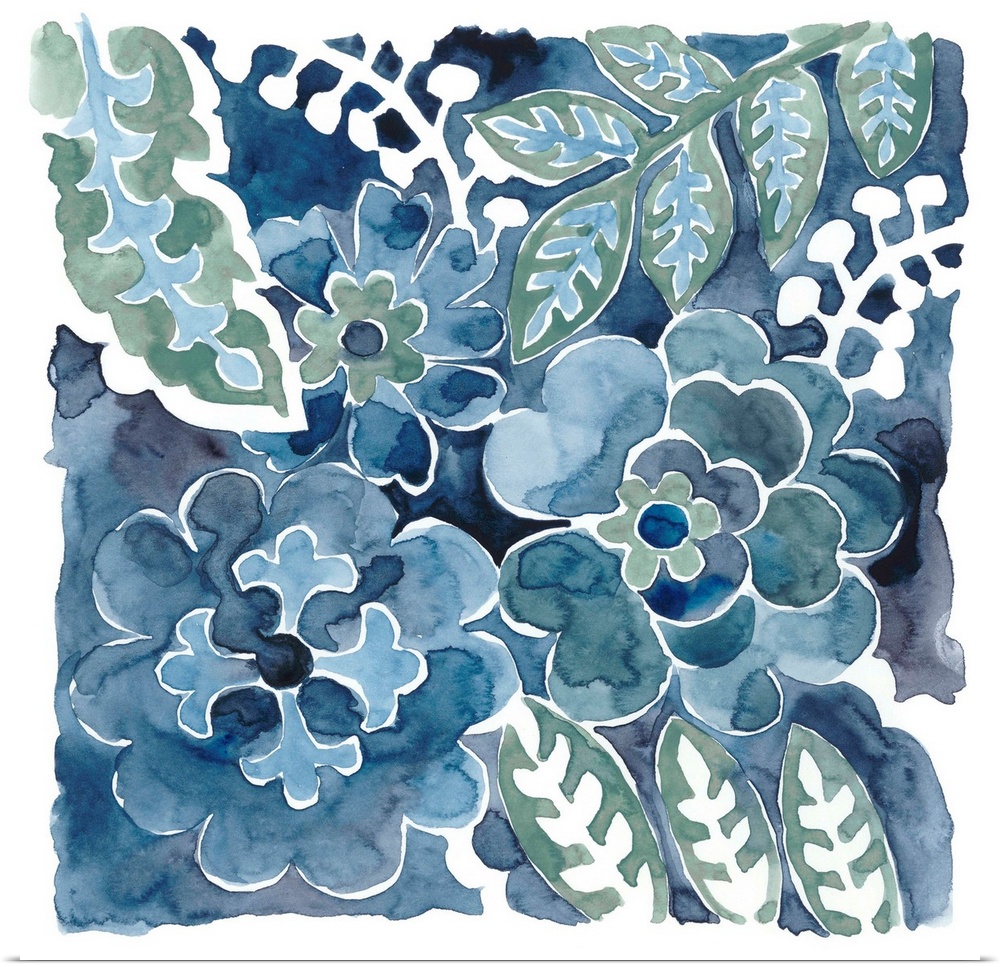 Watercolor floral motif in shades of indigo.