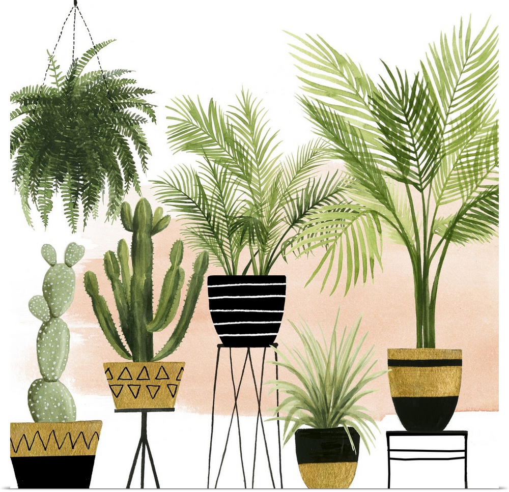 This contemporary artwork features an array of plants in modern bohemian pots over a brushed pink and white background.
