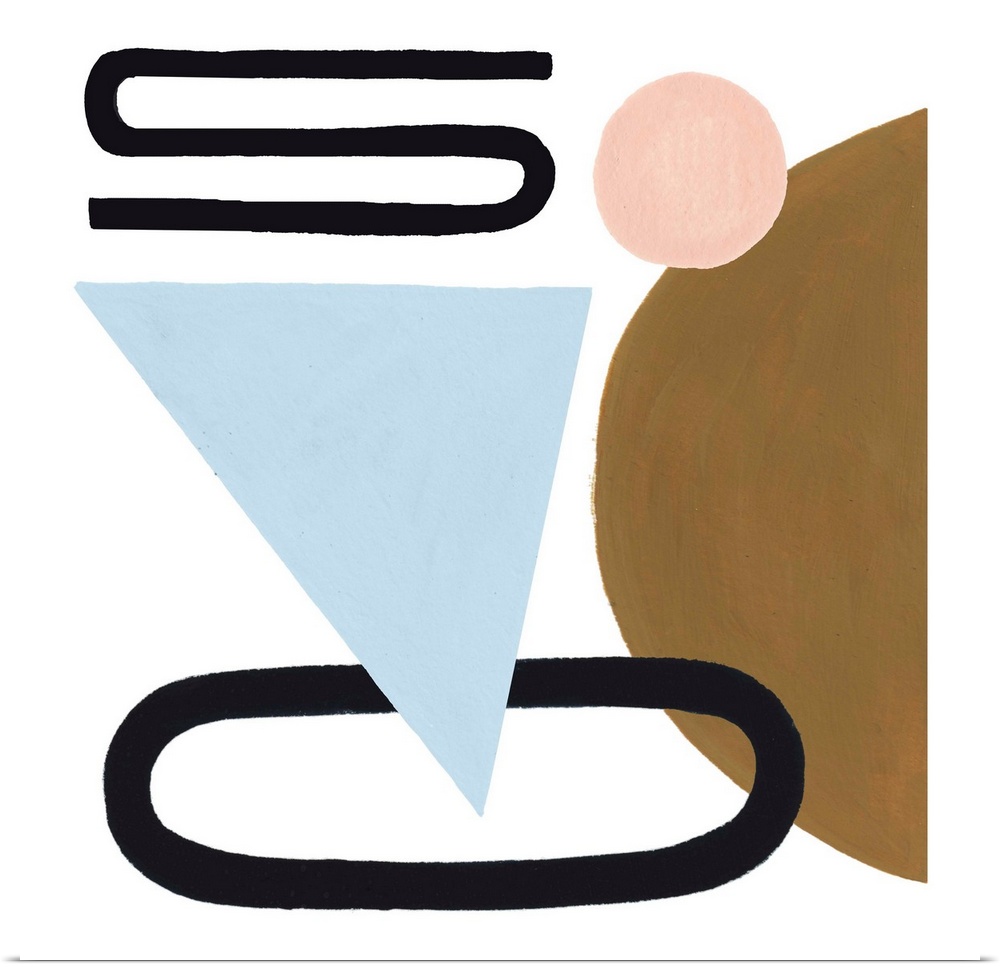 Modern painting of simple, solid colored overlapping shapes and lines on a white background.