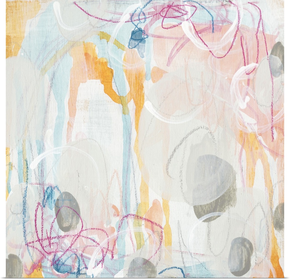 Square abstract painting in light pastel colors with drips of the overlapping paint and colored scribbles.