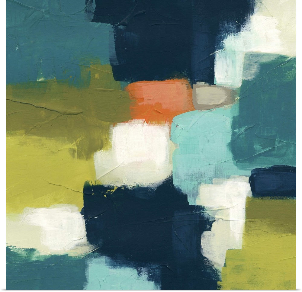 Contemporary abstract painting in cool blue and green tones.