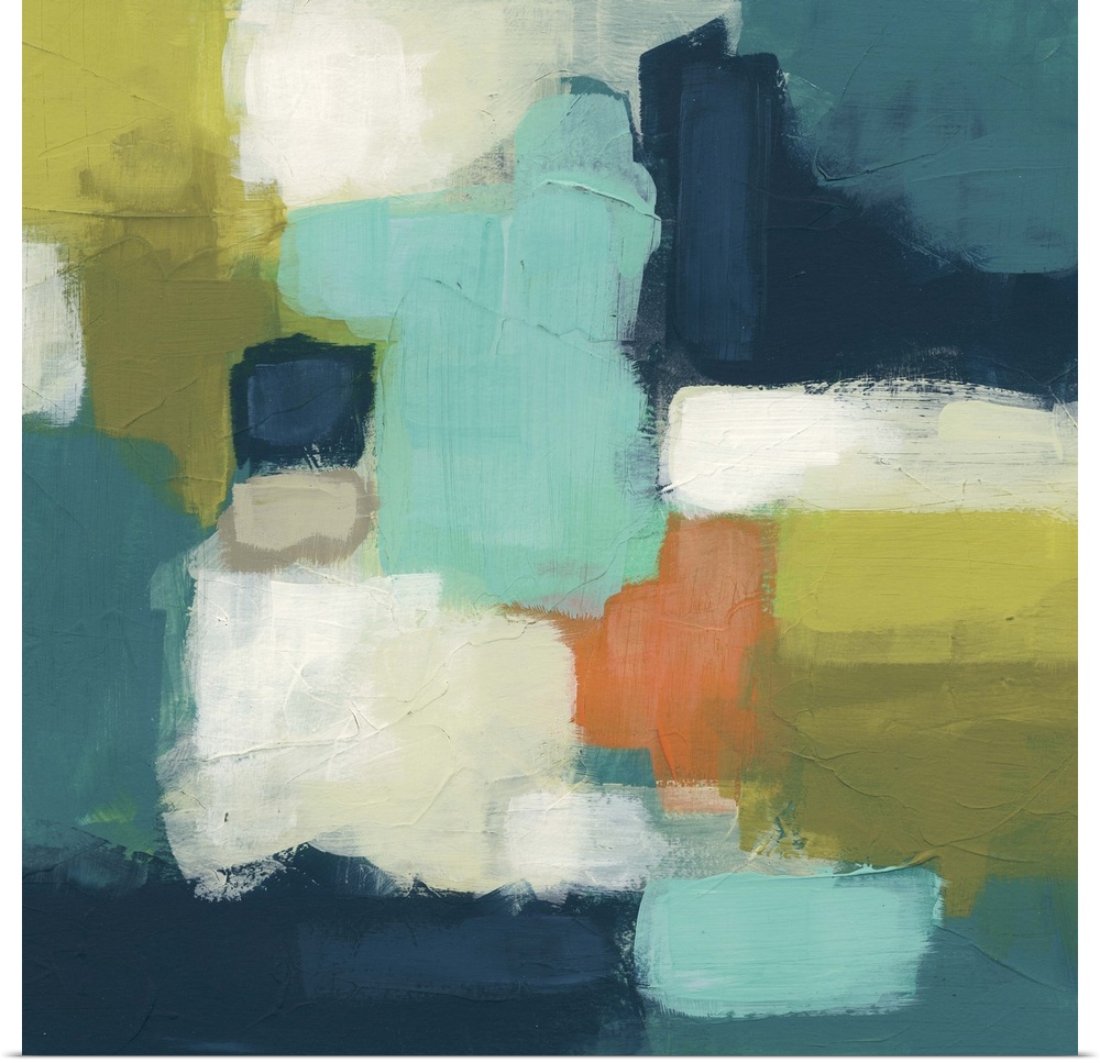 Contemporary abstract painting in cool blue and green tones.