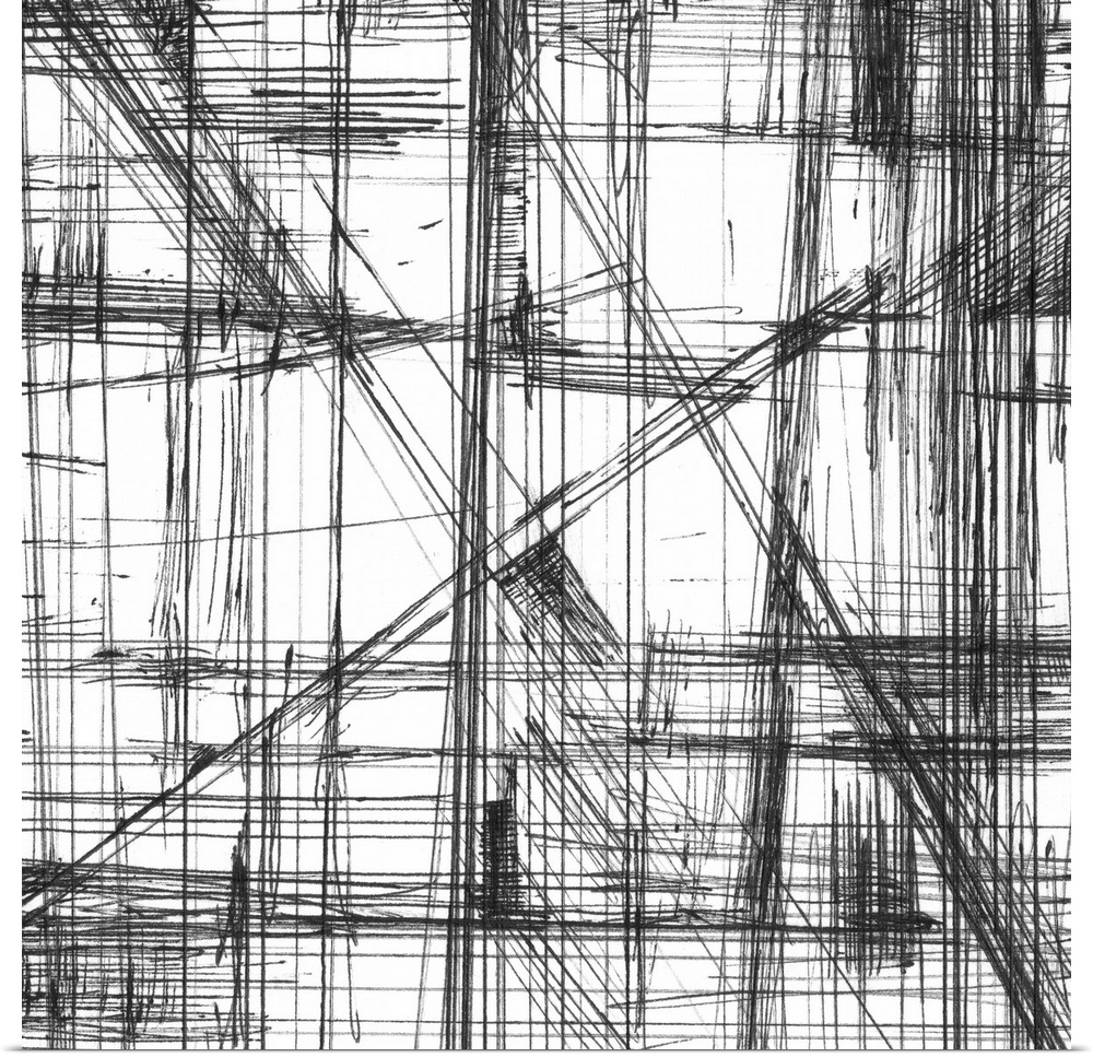 Contemporary abstract artwork of web-like lines running all over the image against a white surface.