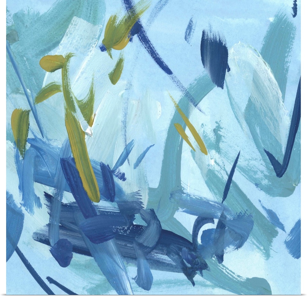 Contemporary abstract painting in various shades of blue with green accents.