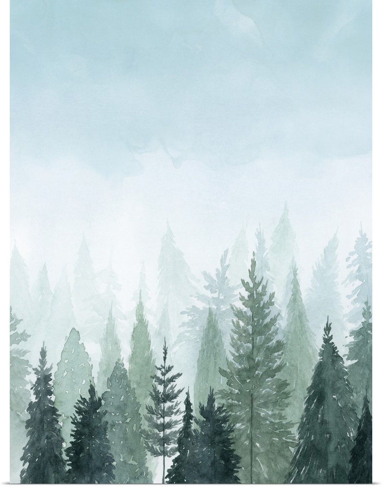 Watercolor painting of a misty forest under a pale blue sky.