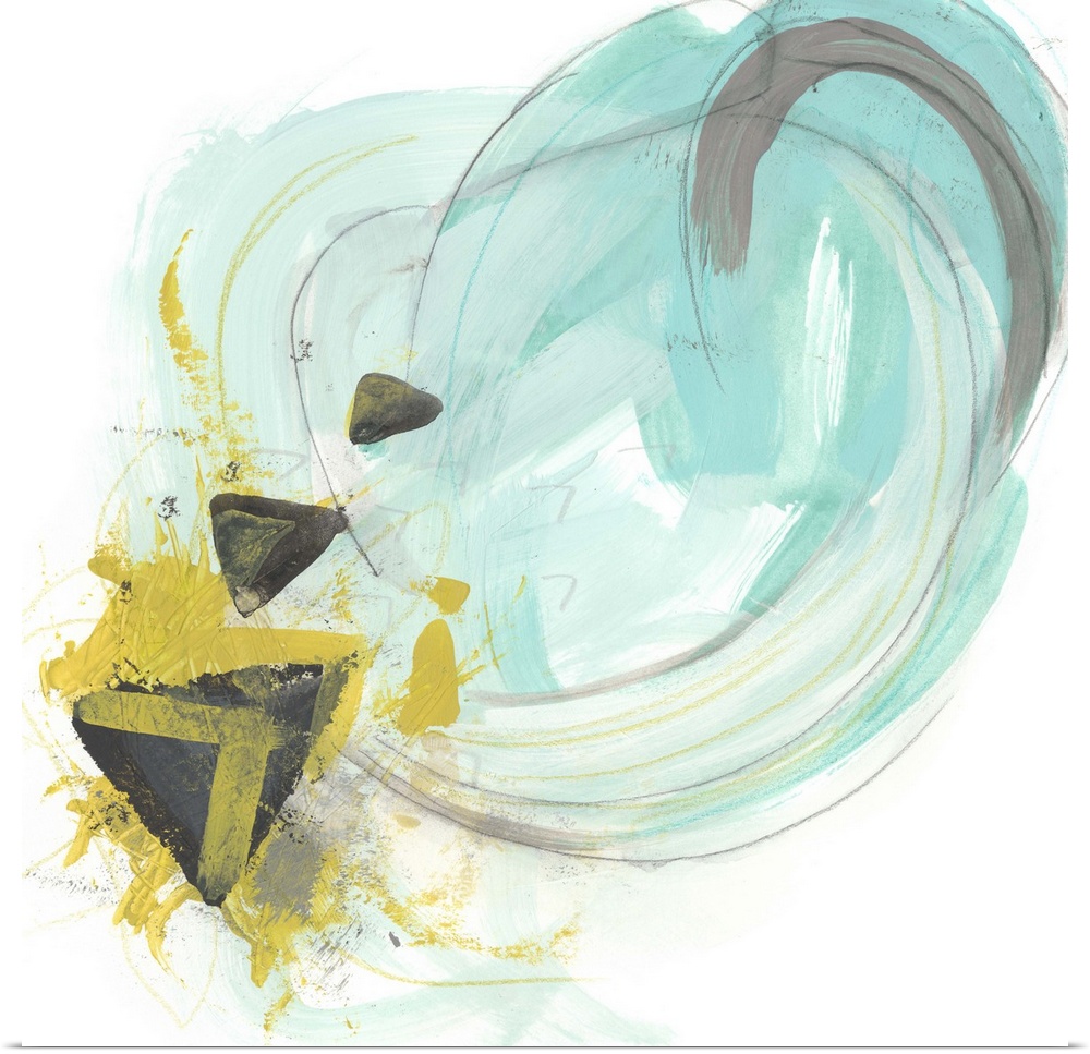 Abstract artwork in summery teal and yellow tones.
