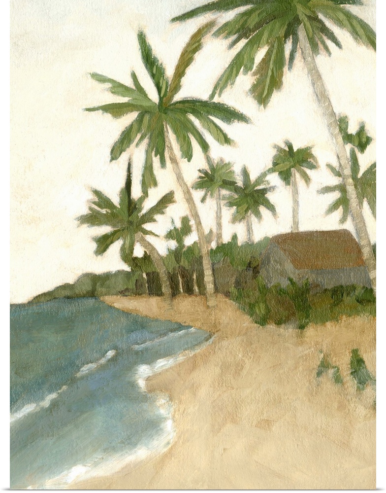 Contemporary artwork of a tropical beach with palm trees hanging over a tranquil coastline.