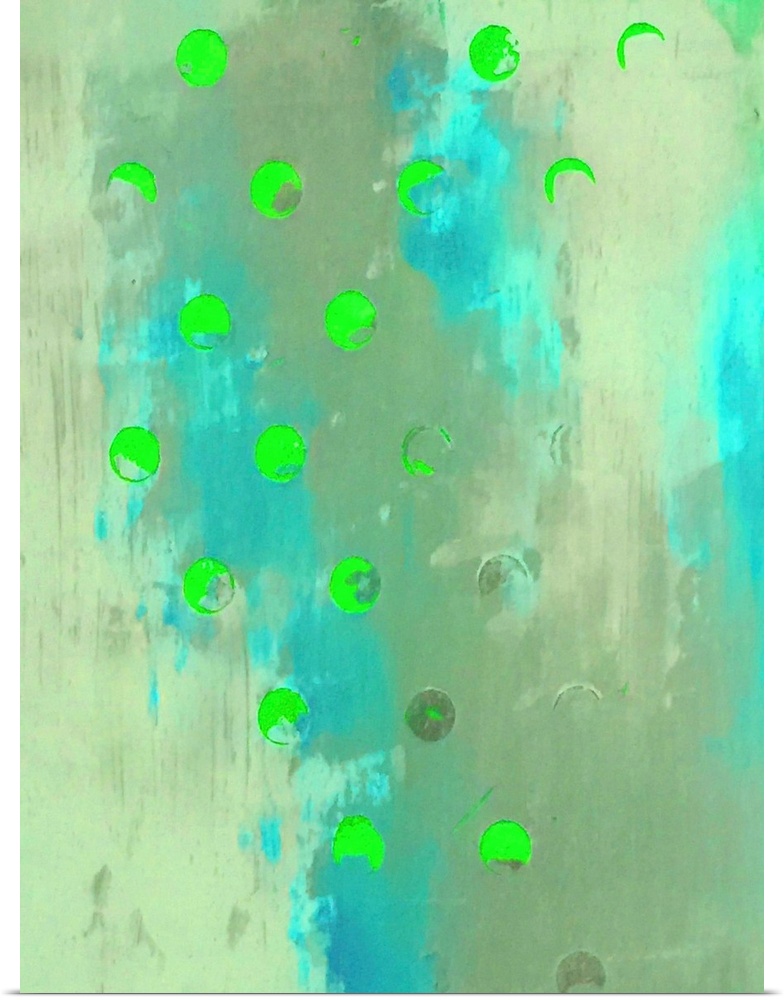 A vertical abstract painting of shades of blue and green with neon green circles overlapping.