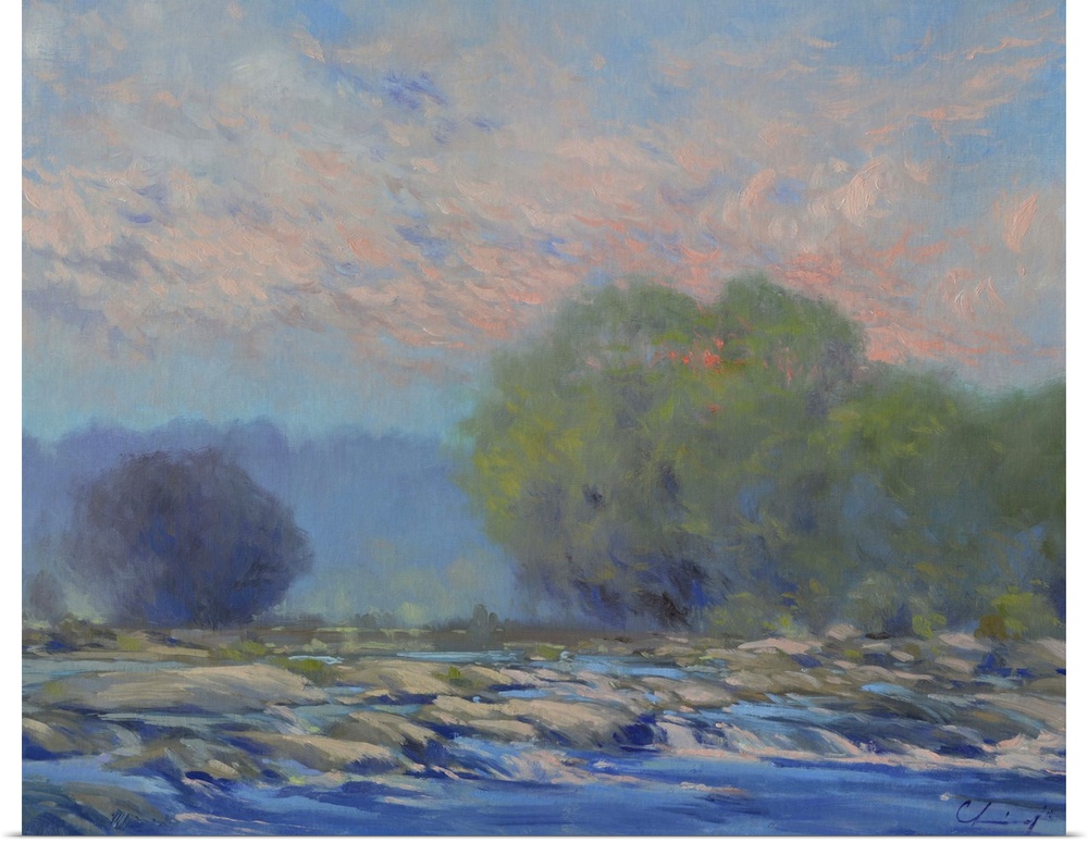 A painting of a river scene with trees along the shore.