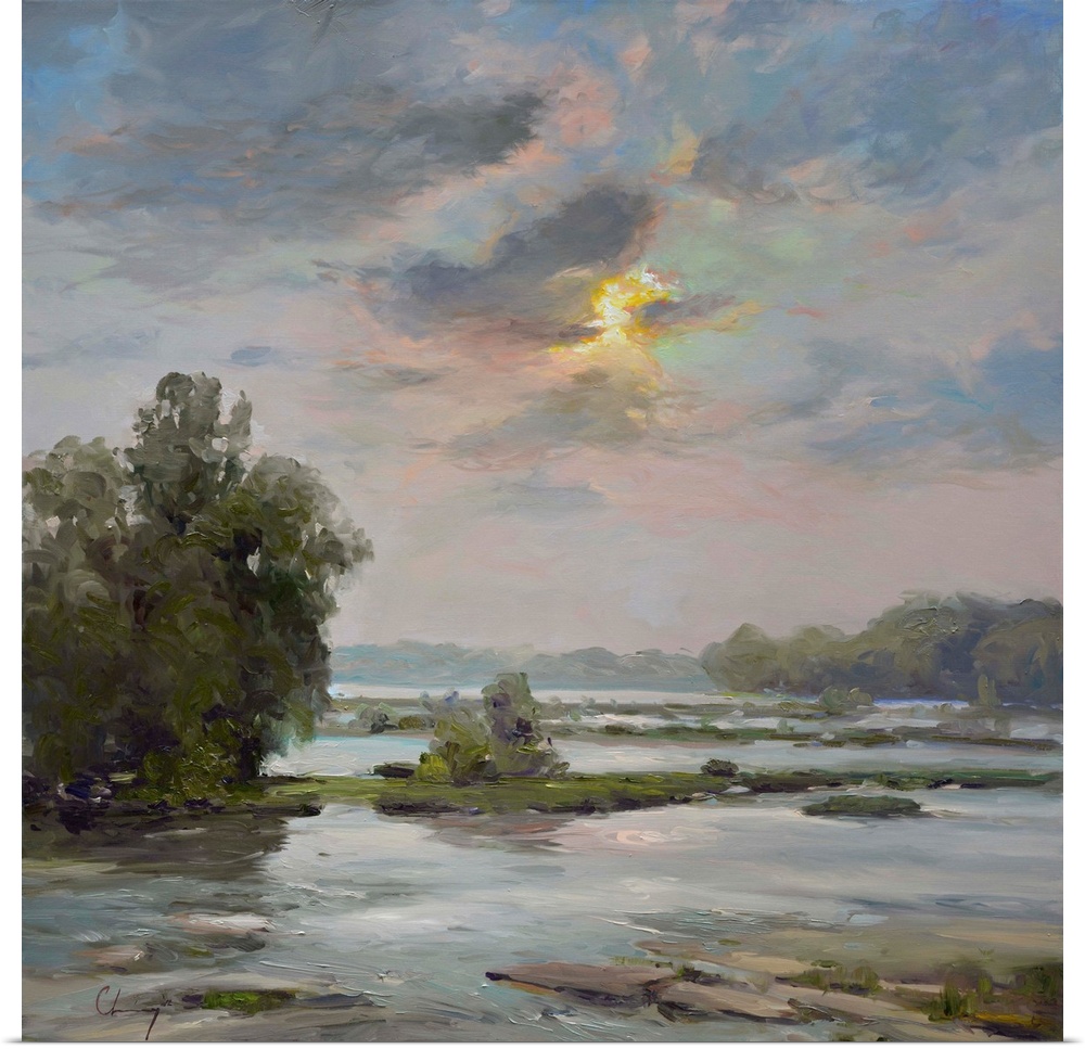 Contemporary painting of a river landscape under a pale sky.