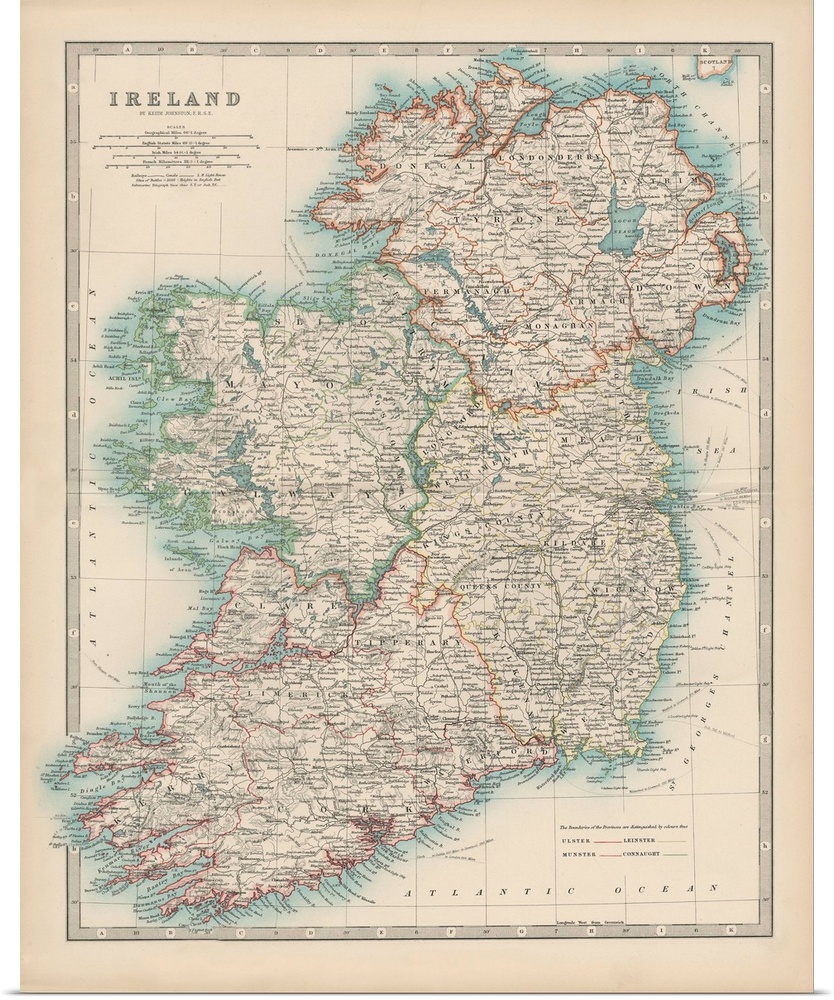 Vintage map of the country of Ireland.