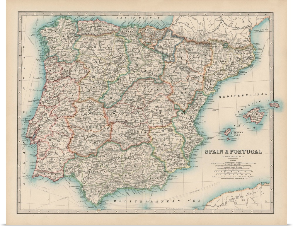Vintage map of the countries of Spain and Portugal.