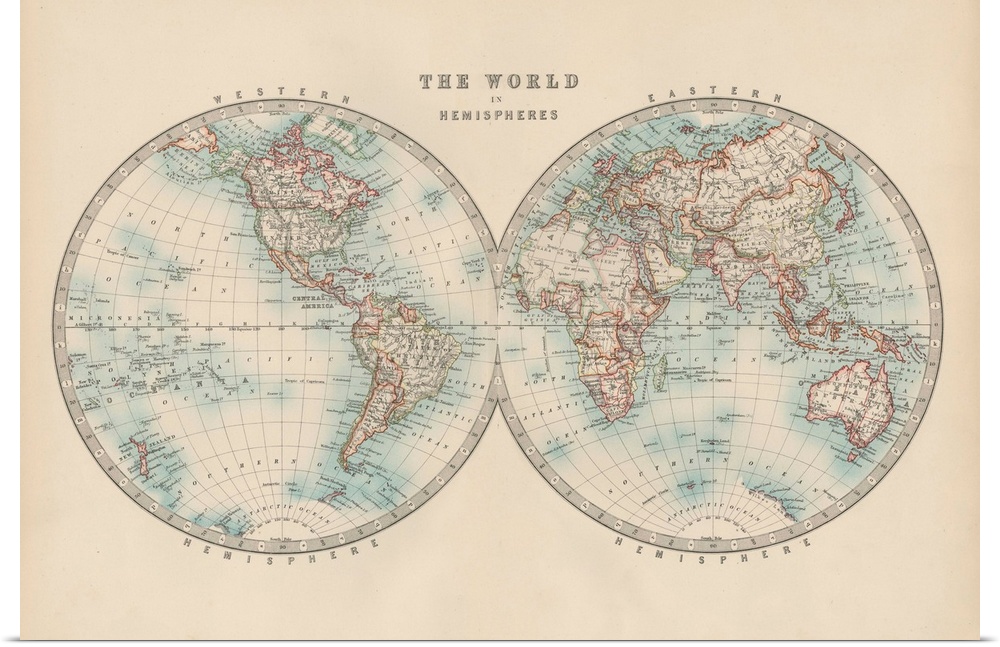 Vintage map of the world divided in to eastern and western hemispheres.