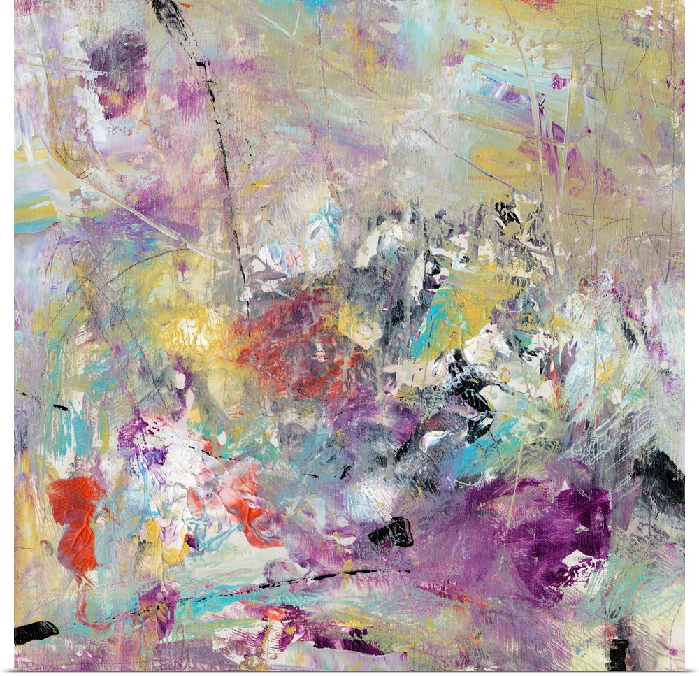 Contemporary abstract artwork in a frenzy of colors and textures, with scratches, brushstrokes, and splatters.