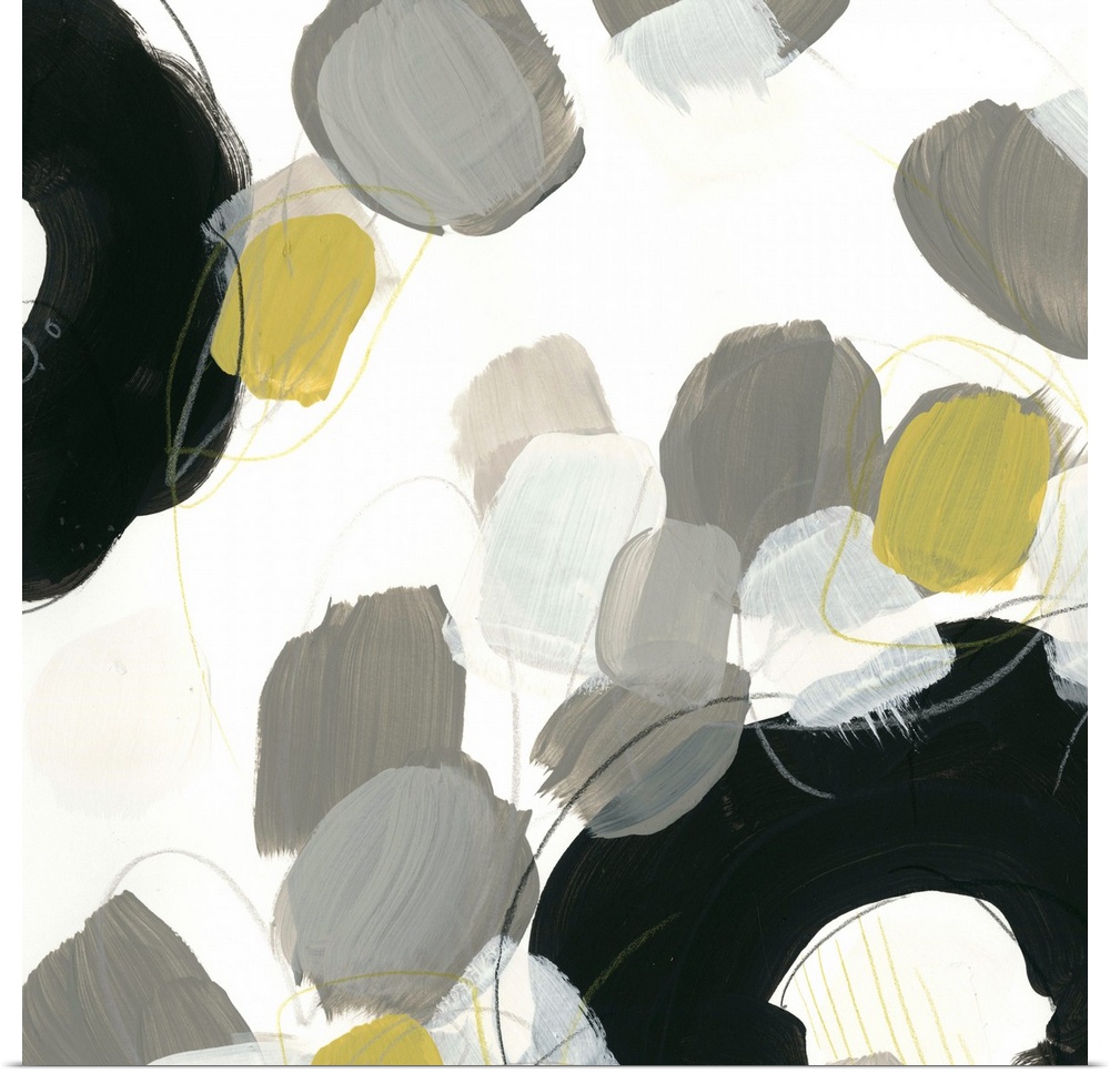 Abstract floral painting with broad black shapes on white and grey.