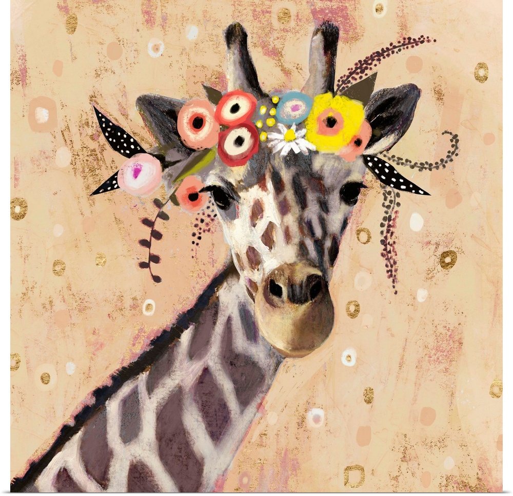 A creative youthful image of a giraffe wearing flowers on it's head, against a neutral background with small circular shapes.