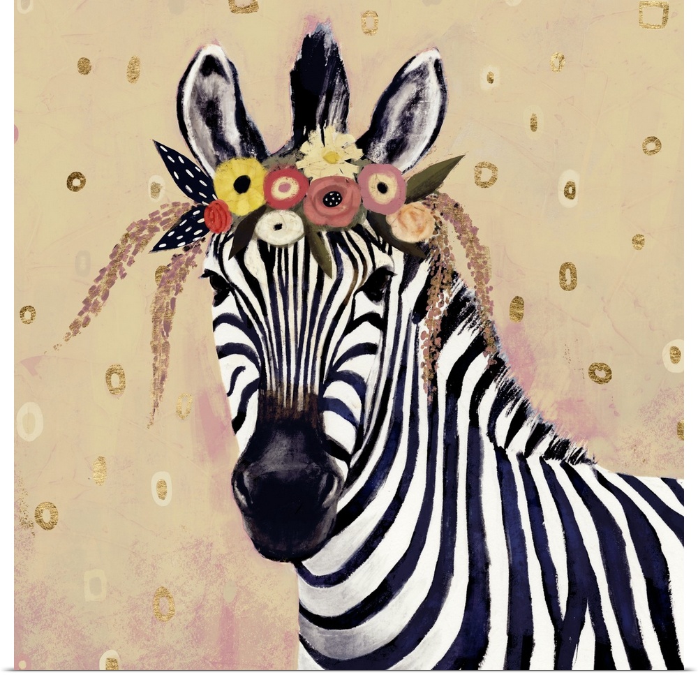 A creative youthful image of a zebra wearing flowers on it's head, against a neutral background with small circular shapes.