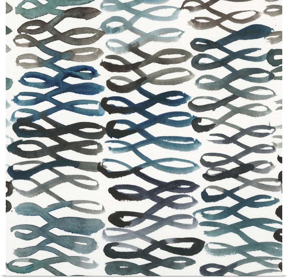 Square abstract decor with a loopy lined pattern made in shades of blue and black.