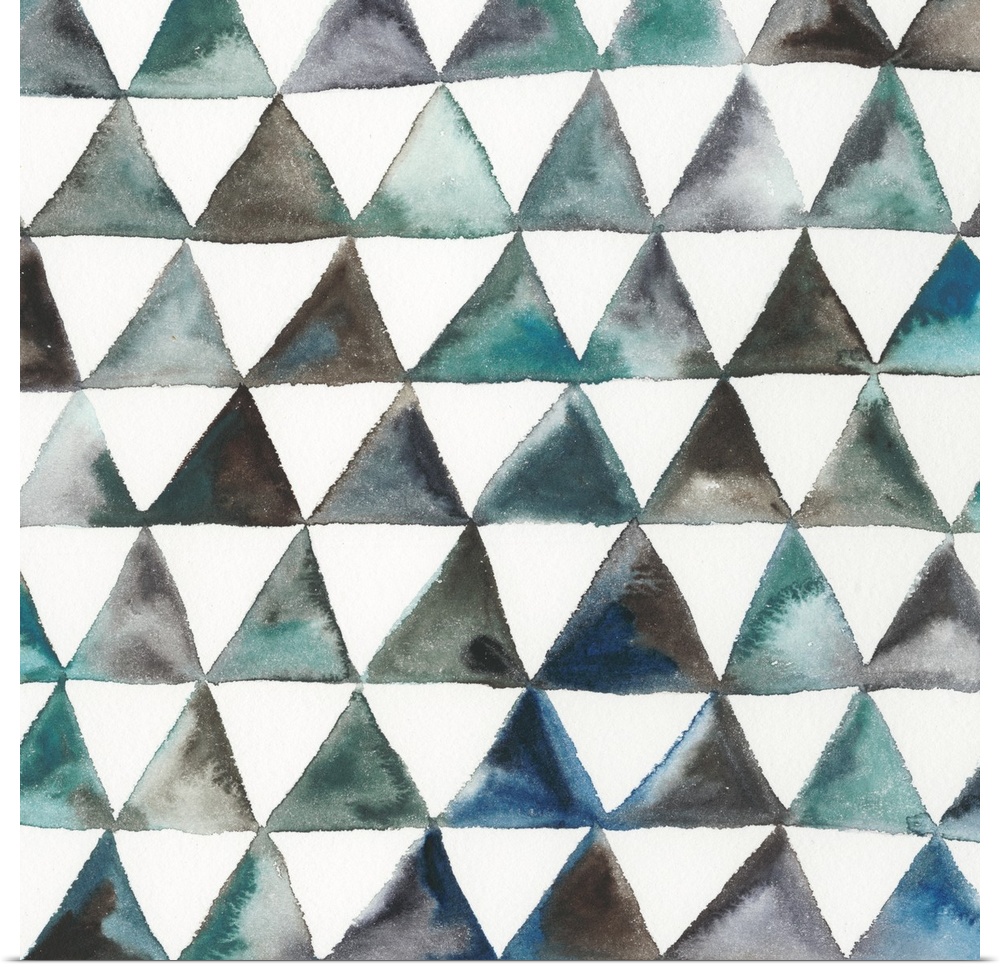 Square abstract decor with triangles in lines creating a pattern in shades of blue, green, and brown.