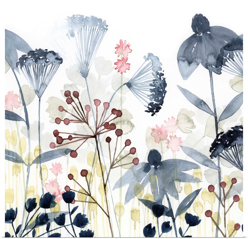 This soft contemporary artwork features an assortment of wildflowers and foliage including delicate blue watercolor blossoms.