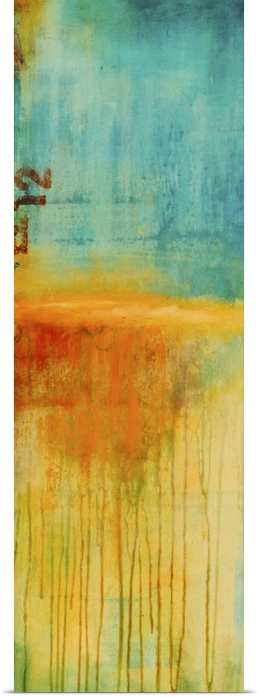 Vertical contemporary painting of an abstract landscape, recalling thoughts of summer on the beach.