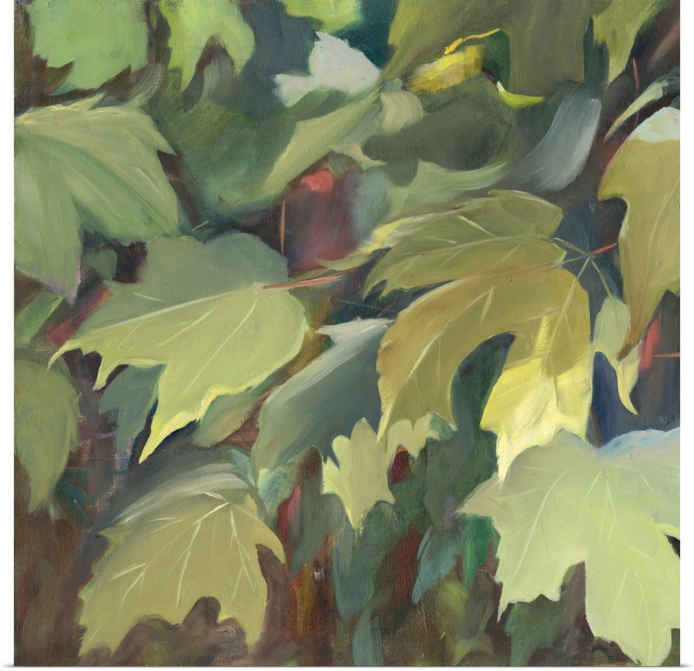 Contemporary artwork of green oak leaves in the shade.