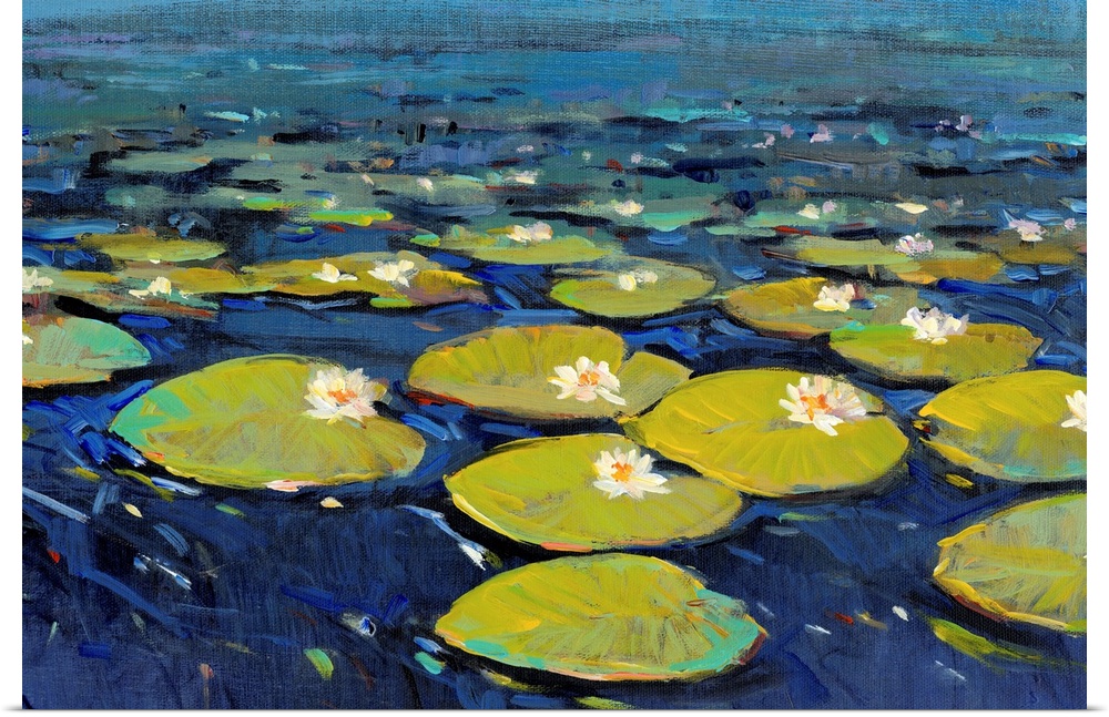Contemporary painting of bright green lily pads in a deep blue pond.