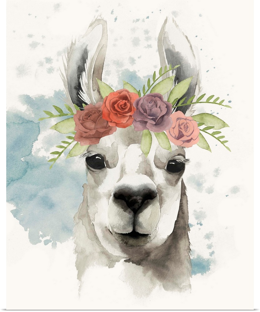 Watercolor portrait of a llama wearing a crown of roses.