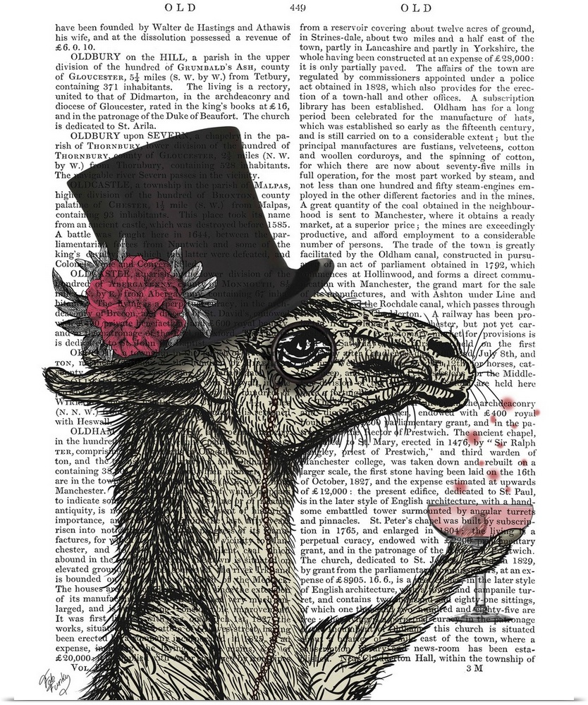 Decorative artwork with a llama wearing a top hat and drinking a cocktail, painted on the page of a book.