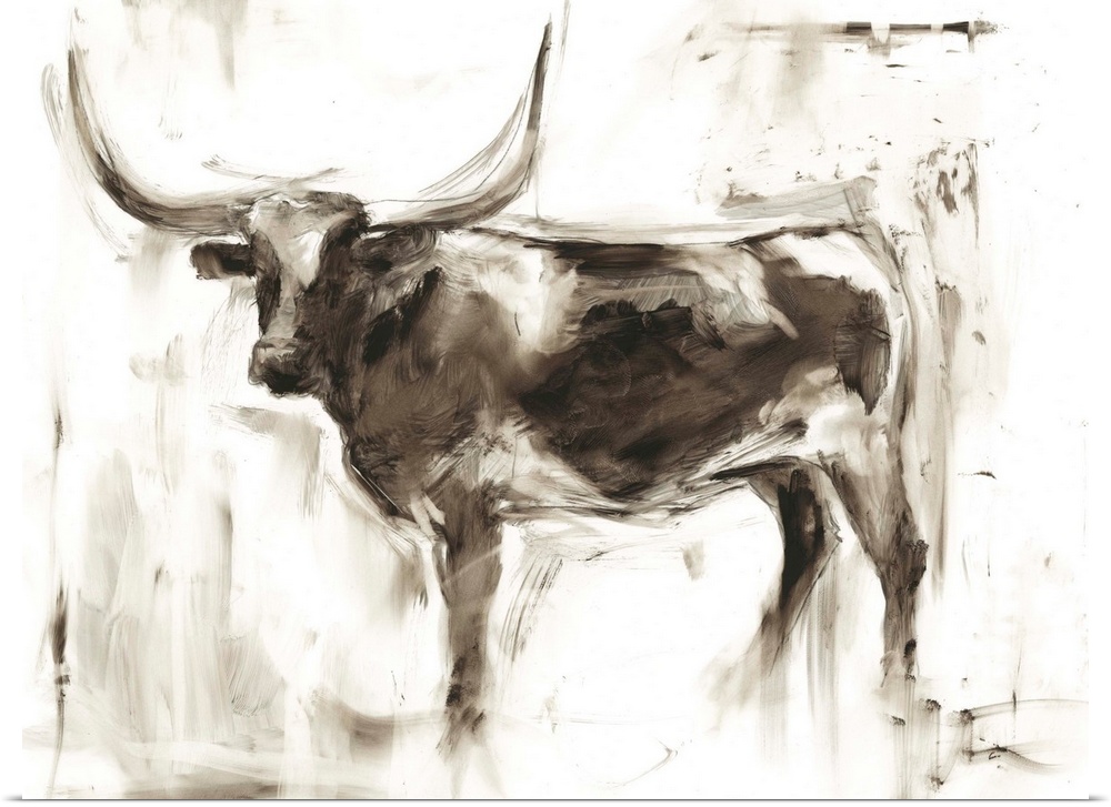 Roughly painted study of a longhorn cow in neutral tones.