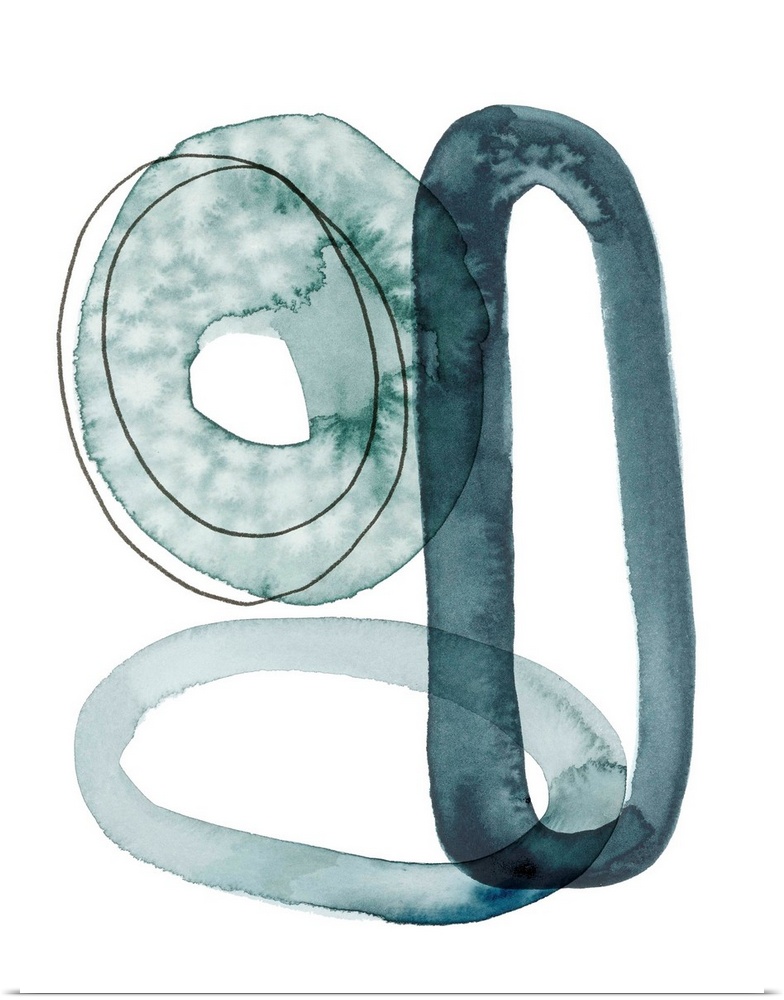 A series of interlocking watercolor rings in varying thickness and textures overlap a white background.