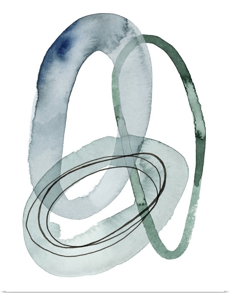 A series of interlocking watercolor rings in varying thickness and textures overlap a white background.