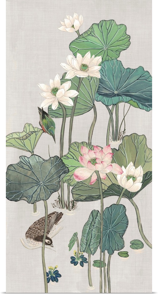 This painted illustration over linen gives a vintage feel to playful pond scene featuring lotus flowers.