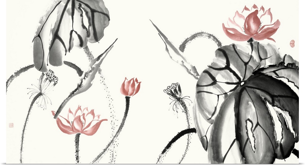 Illustrations of free formed lotus flowers in black and coral watercolor with red Japanese symbols on the side.