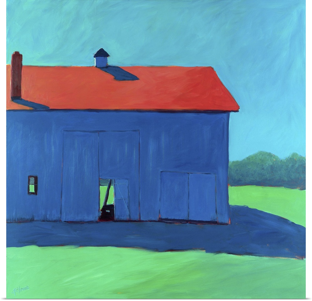Square artwork of a stable on a countryside landscape in bright primary and secondary colors.