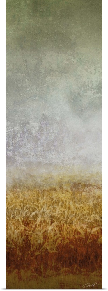 A contemporary abstract painting of a golden field under a gray sky.