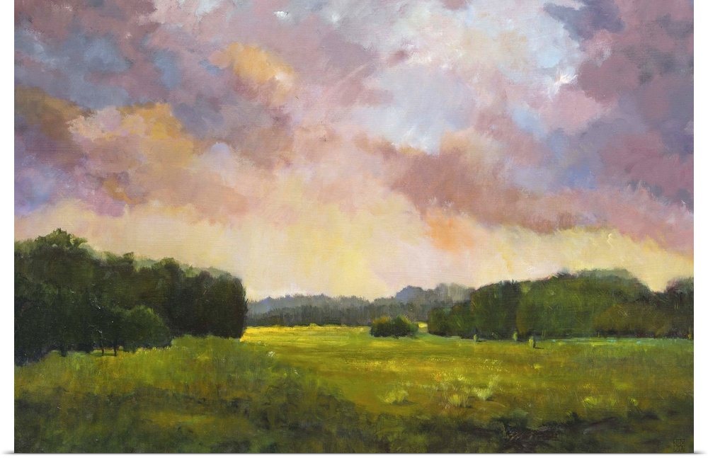 Contemporary painting of a countryside landscape at sunset.
