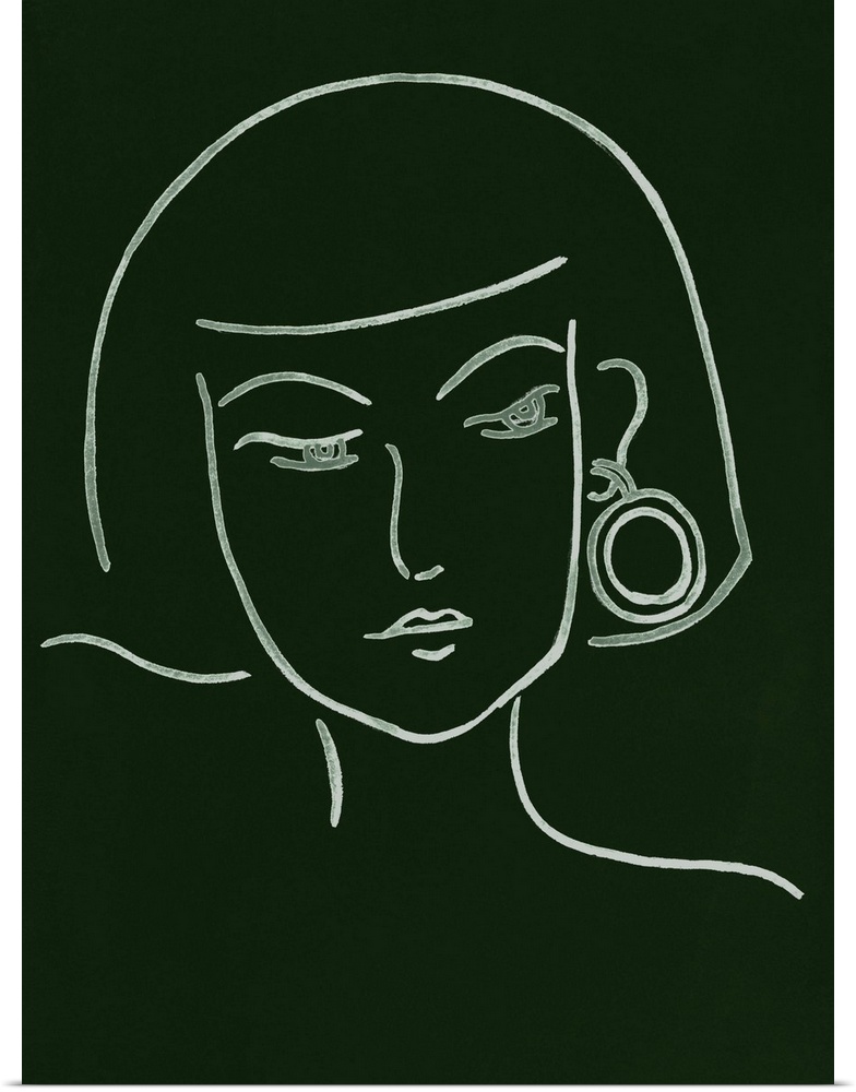 Portrait outline of a woman wearing a fashionable earring on a dark green background.