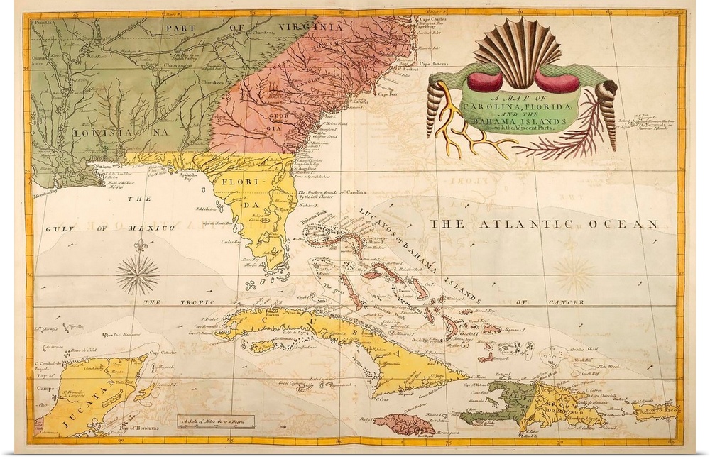 Vintage map of the Carolinas, Florida, and islands in the Caribbean.