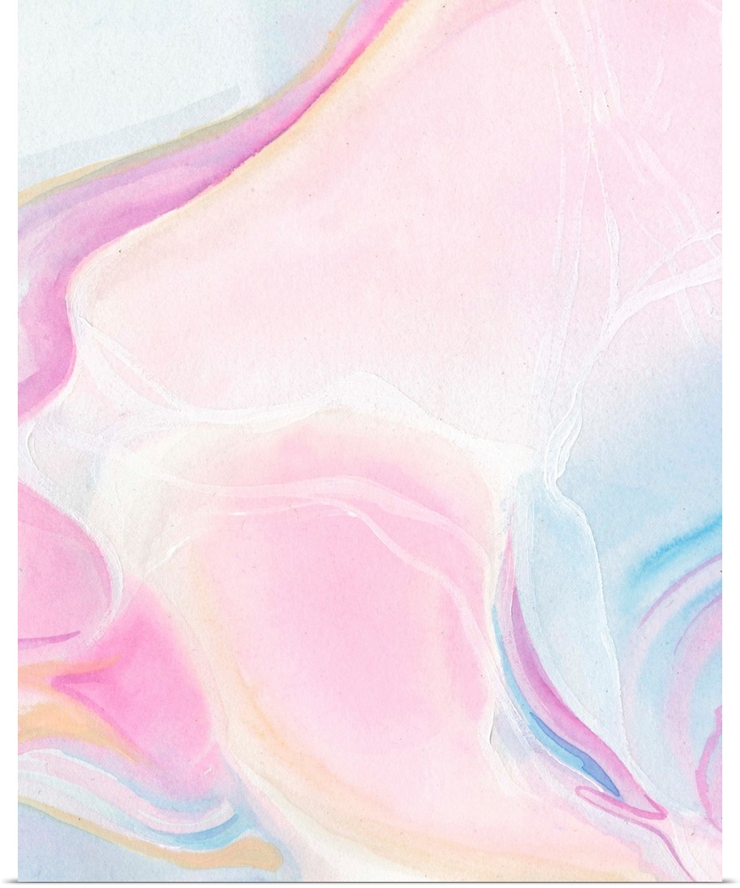 A vertical abstract painting of watercolor pastel colors in pink and blue.