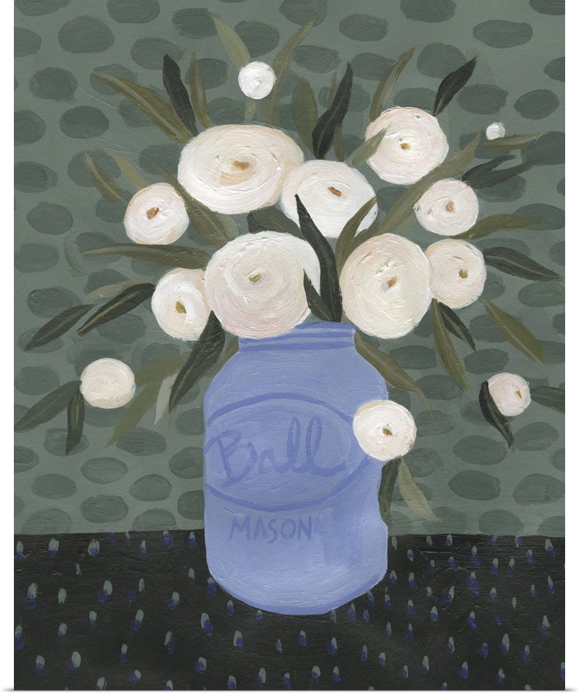 Contemporary painting of a blue mason jar full of white flowers on a green toned backdrop with spots.