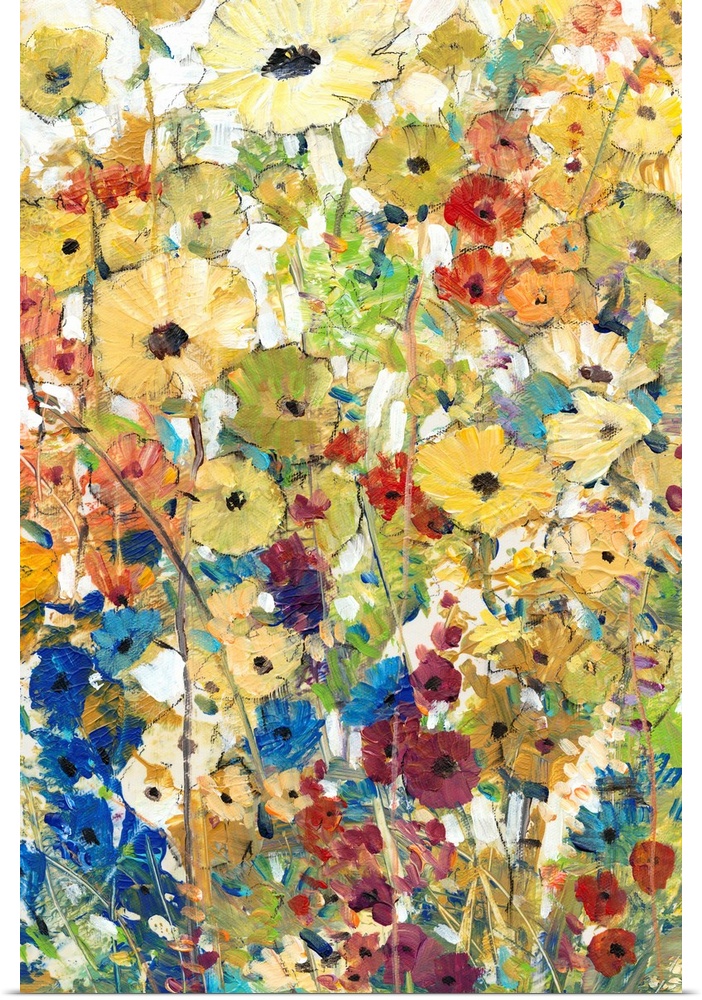 Contemporary artwork of a cheerful field of rainbow colored flowers in full bloom.